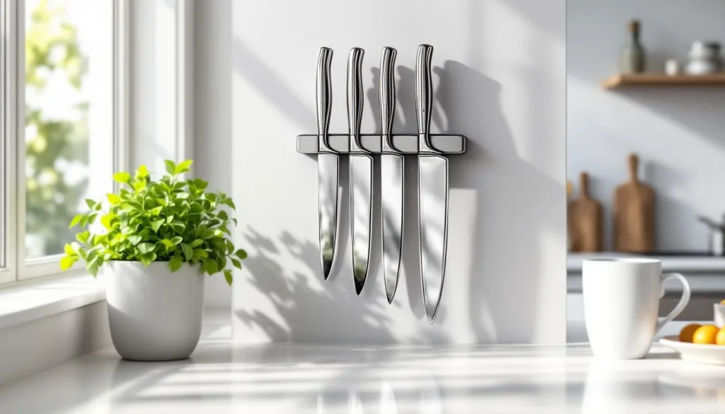 entdecken sie den praktischen magnetstreifen, der ihre theke ordentlich hält – keine schubladen oder messerblöcke mehr nötig. sicher, platzsparend und stilvoll!